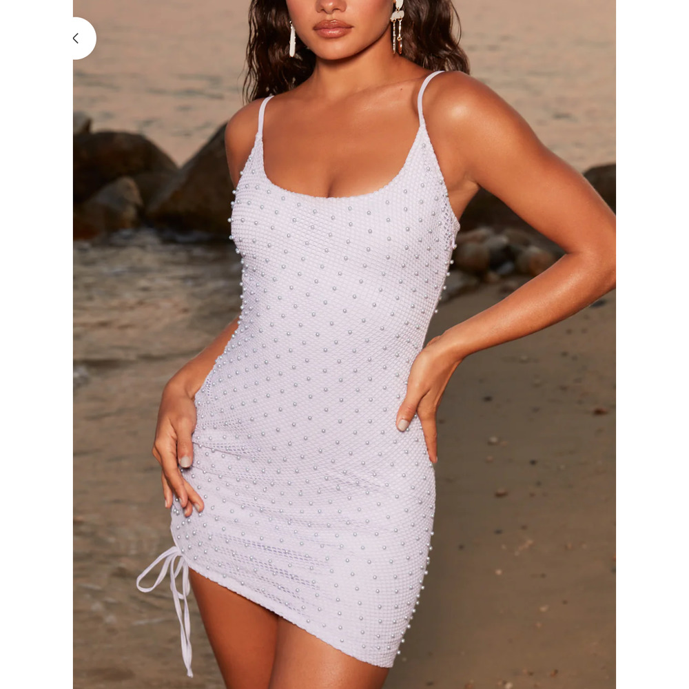 NWT OH POLLY Dusk Beaded Crochet Mini Dress Lilac Purple 4